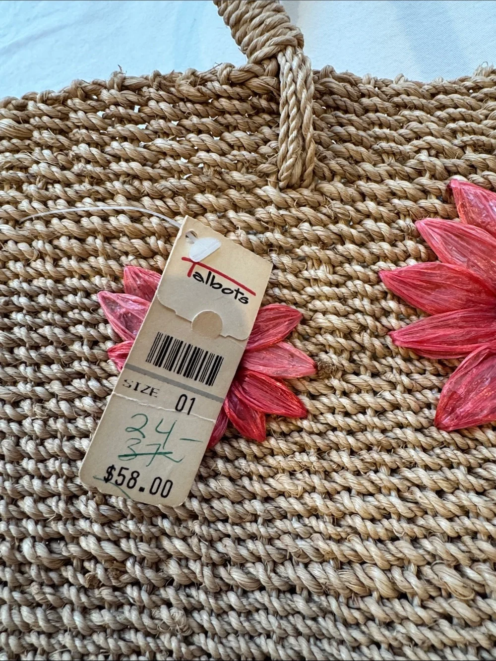 Talbots Natural Straw Tote with Pink-Red Floral Embellishments